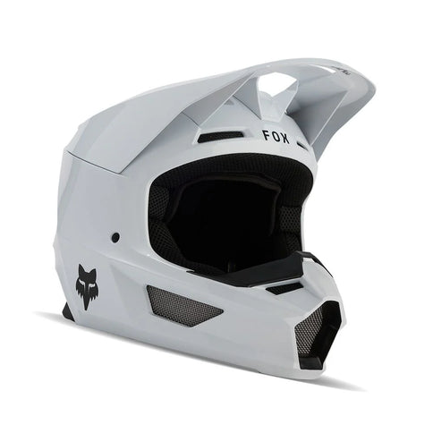 FOX V CORE HELMET MT white MX helmet with adjustable straps and ventilation for motocross riding.