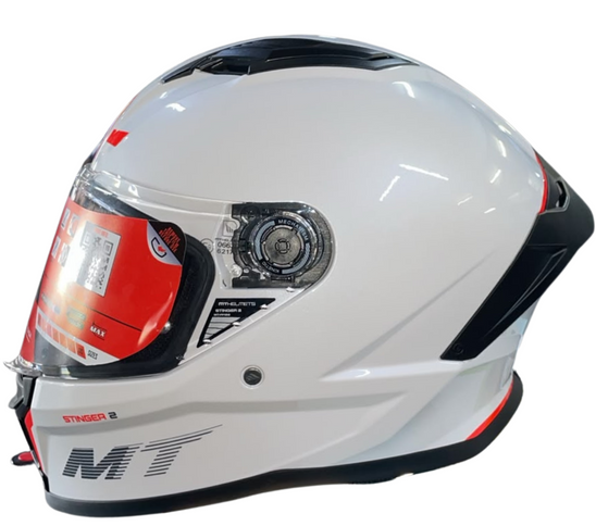 MT Stinger 2 Gloss White road helmet with aerodynamic design and adjustable straps, ideal for cycling enthusiasts.