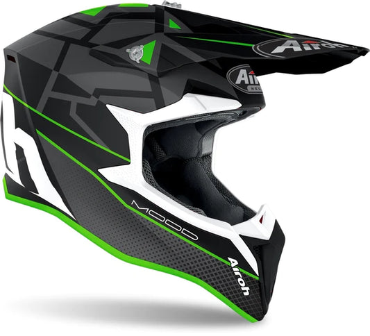 AIROH WRAAP Mood Helmet in matte green, MX helmet with sleek design and adjustable straps, suitable for motocross riding.