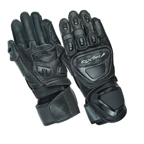 NEXO Phantom Racing Leather MX gloves in black and gray with reinforced palms and breathable design for motocross riding.