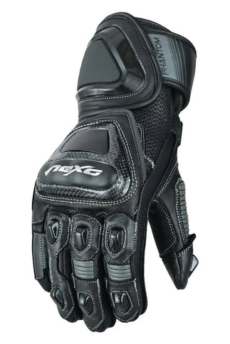 NEXO Phantom Racing Leather MX gloves in black and gray with padded knuckles and reinforced palms for motocross riding.