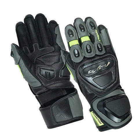 NEXO Phantom Racing Leather MX gloves in black with high-visibility yellow accents, designed for motocross riding.