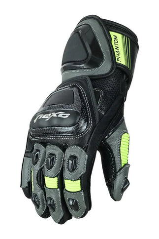 NEXO Phantom Racing Leather MX gloves in black with high-visibility yellow accents, designed for motocross riding comfort and protection.