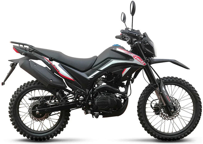 LIFAN X-TRAIL 250 motorcycle with black body and sleek design, parked on a scenic outdoor road.