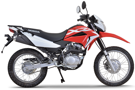 Red Honda XR150L motorcycle with a sleek design and sporty appearance, showcasing the vibrant color and durable build.