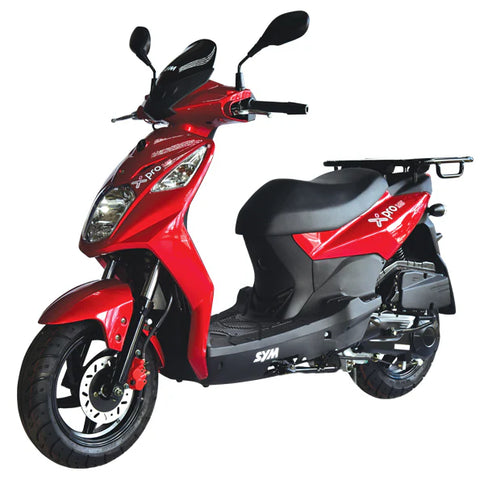 Red SYM X-PRO 125 scooter with sleek design and modern features, shown from a side view.