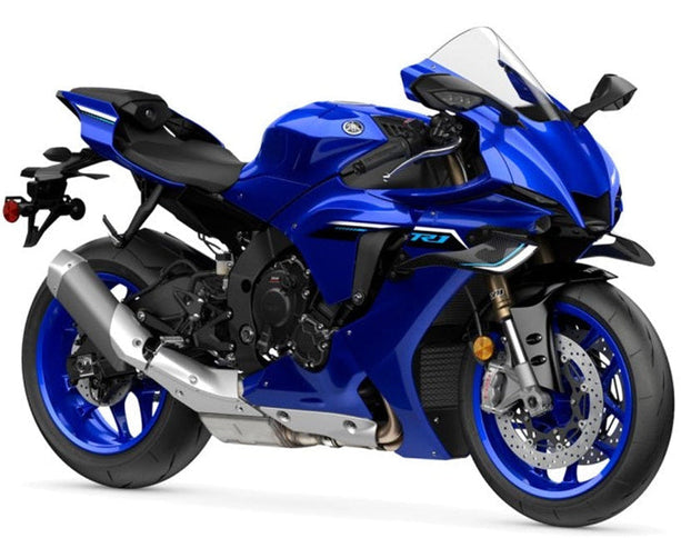 Yamaha YZF-R1 motorcycle in racing blue with sleek aerodynamic body and modern design, front view showing headlights and windscreen.