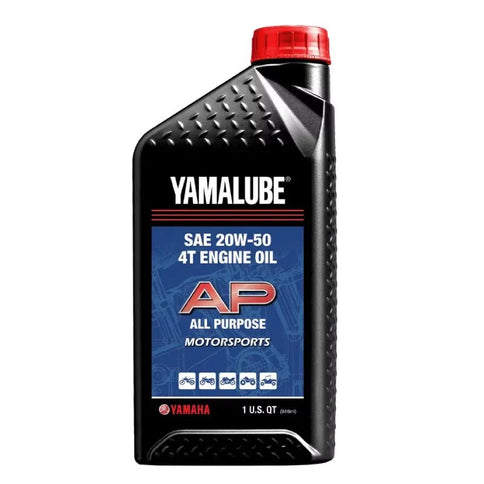 Yamalube SAE 20W50 4T engine oil bottle for motorcycles, Yamaha brand, 1-liter container, with label details visible.