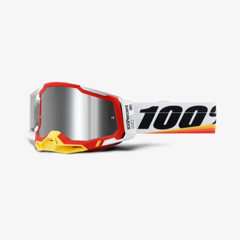 100% Racecraft 2 Ashram Red MX goggles with mirrored lenses, featuring a sleek black frame and vibrant red accents.