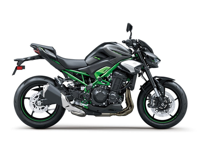 Kawasaki Z900 ABS naked motorcycle in black with sleek design and modern features, shown in a front-side view.