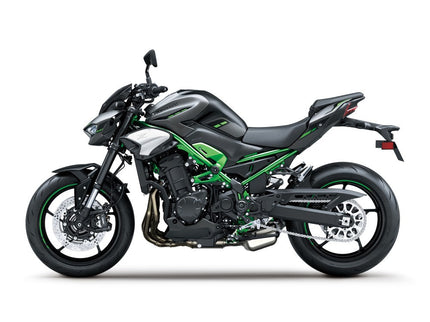Kawasaki Z900 ABS naked motorcycle in 2026 model with sleek black design, shown from a side view.