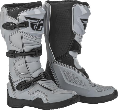 Fly Maverik LT grey MX boots with black accents, featuring sturdy construction and durable design for motocross riding.