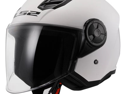 White LS2 AIRFLOW open face road helmet with glossy finish and ventilation design, suitable for motorcycle riders.