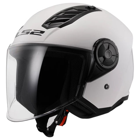 White LS2 AIRFLOW open face road helmet with glossy finish and ventilation design, suitable for motorcycle riders.