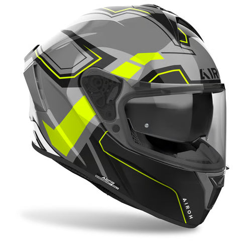 AIROH Spark 2 Dart yellow road helmet with black and grey accents, featuring high-visibility yellow for motorcycle safety.