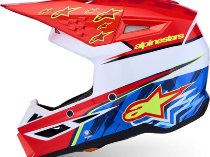 Alpinestars S-M3 Falcon youth motocross helmet in red, white, and blue with adjustable fit and ventilation for young riders.