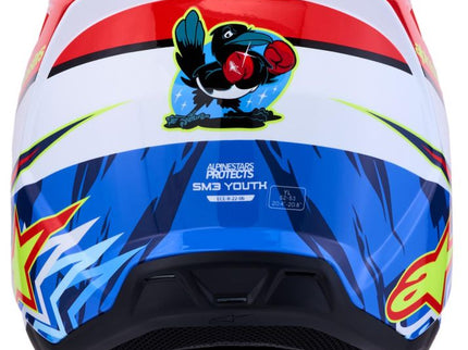 Alpinestars S-M3 Falcon youth motocross helmet in red, white, and blue with ventilation and adjustable straps.