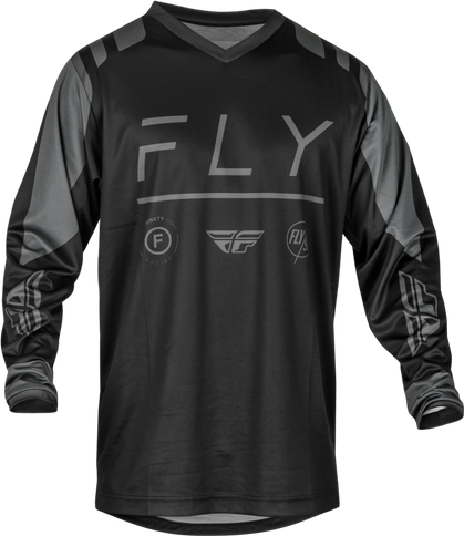 Black and charcoal F16 MX Jersey by FLY, featuring lightweight, breathable motocross gear with logo details and comfortable fit.