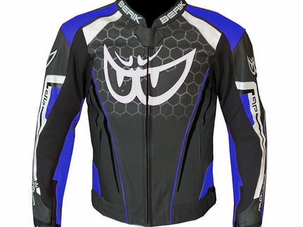 Black, blue, and white BERIK leather road jacket with visible stitching and zip details, designed for motorcycle riding.