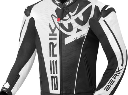 Black Berik VisionGP motorcycle leather road jacket with protective armor, featuring sleek design and branding details.