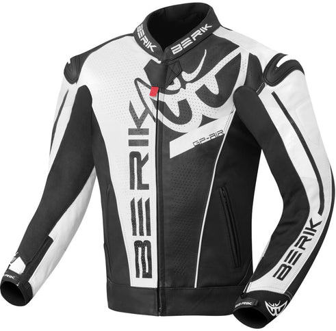 Black Berik VisionGP motorcycle leather road jacket with protective armor, featuring sleek design and branding details.