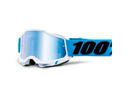 100% ACCURI 2 JNR MX goggles with blue mirror lens, featuring a sleek design and comfortable fit for young motocross riders.