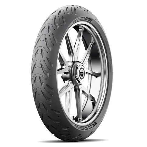 Michelin Road 6 tire in 120/70/17 size, showing the tread pattern and sidewall details on a motorcycle tire.