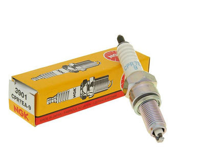 NGK CPR7EA-9 spark plug with ceramic insulator and metal threads, designed for automotive ignition systems.