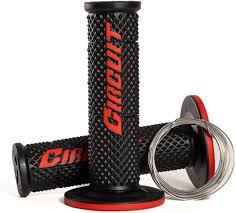 Circuit V Racing black and red grips for bikes, featuring ergonomic design and textured surfaces for improved control.