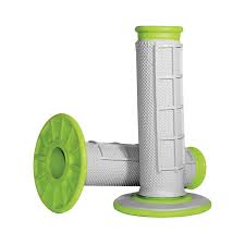 Renthal MX dual compound waffle grips in grey and green for motocross bikes, providing improved grip and comfort.