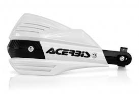 White ACERBIS X-FACTOR hand guards with black accents, designed for motorcycle or dirt bike protection.