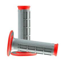 Renthal MX dual compound waffle grips in grey and red, designed for motocross handlebars, providing enhanced grip and control.