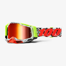 Red mirrored MX goggles from Racecraft 2 collection by 100%, featuring a sleek design and reflective lenses for motocross riding.