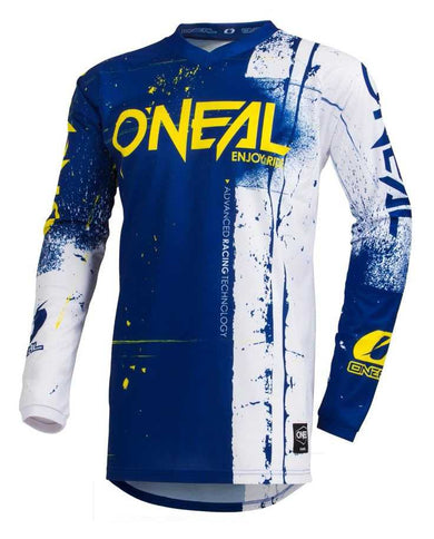 Blue ONEAL MX jersey with shred design, made for motocross riders, featuring lightweight fabric and comfortable fit.