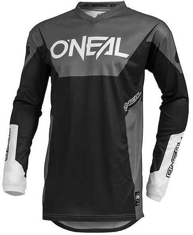 Black ONEAL MX jersey racewear with branding and lightweight fabric, designed for motocross riders.