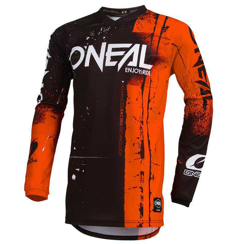 Orange ONEAL MX jersey with shredded design, lightweight motocross jersey for riding and racing.