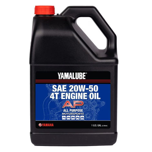 Yamalube SAE 20W50 4T engine oil container showing 4-liter bottle with label for motor oils by YAMALUBE.