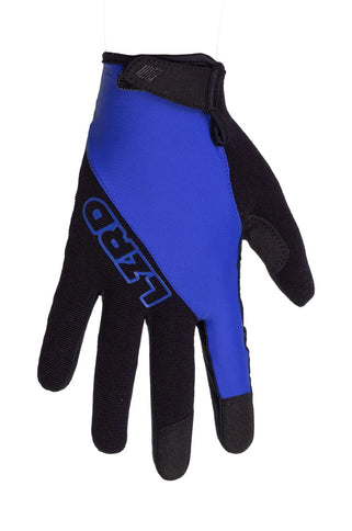 Blue LIZZARD Duppy MX gloves with long fingers, designed for motocross riding, featuring durable material and secure fit.