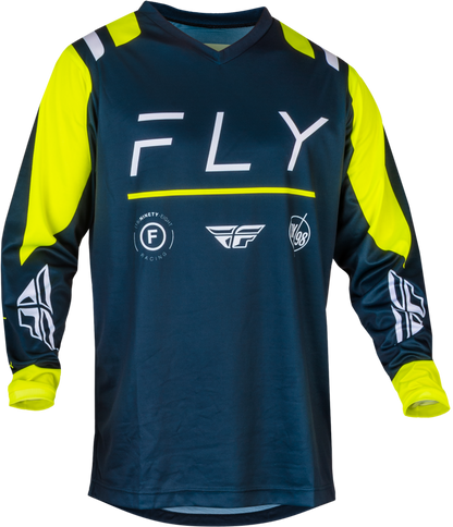 Fly F16 MX Jersey in navy with hi-vis and white accents, designed for motocross riders with breathable, durable fabric.