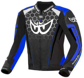 Black and blue BERIK leather road jacket with white accents, featuring a sleek design and visible zipper details.