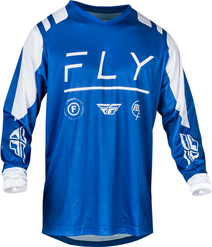 Fly F16 MX Jersey in True Blue and White, lightweight motocross jersey with breathable fabric and bold racing design.