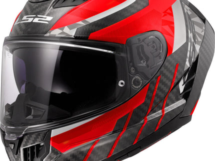 Red LS2 Dragon Trax FF807 road helmet with a glossy finish, featuring aerodynamic design and ventilation for motorcycle riding.