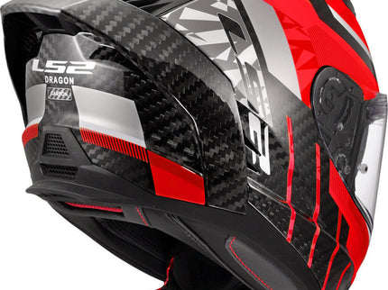 Red LS2 Dragon Trax FF807 road helmet with a sleek glossy finish and aerodynamic design, shown from a front angle.