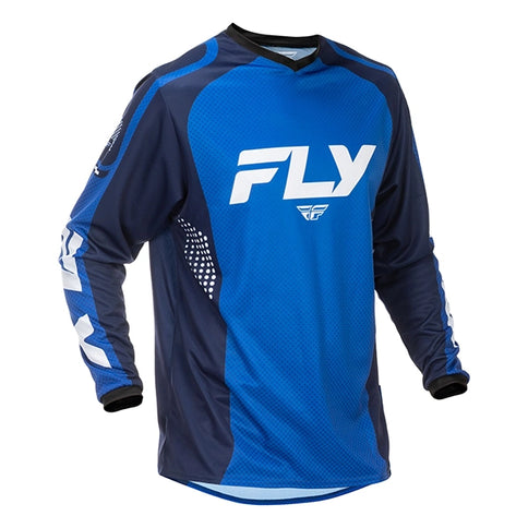 Fly F16 MX Jersey in blue and white, lightweight motocross jersey with breathable fabric and branded logo for riding comfort.