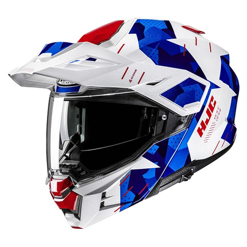 HJC ROKI i80 Adventure Helmet in white, blue, and red with aerodynamic design and ventilation features.