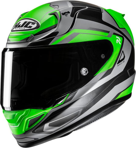 HJC RPHA 12 BRELS road helmet in black, grey, and green colors, shown from front view with adjustable visor and ventilation vents.