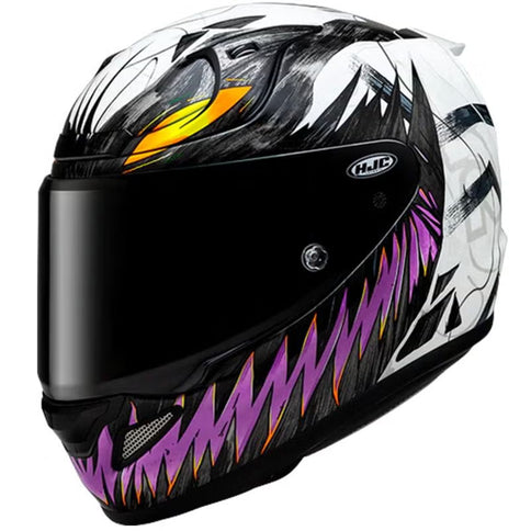 HJC RPHA 12 Anti Venom 2 Marvel motorcycle helmet showing detailed black and red design with Marvel logo and ventilation vents.
