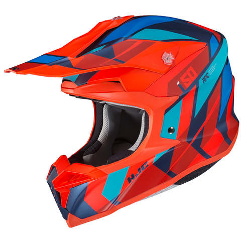 HJC i50 Vanish MX helmet shown from side view with sleek black and orange design, featuring visor and ventilation details.