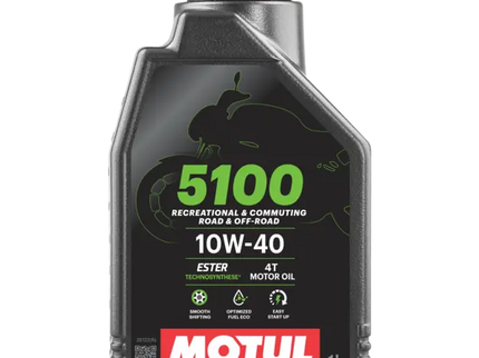 Motor oil bottle labeled Motul 5100 10W40 4T 1Lt, a 1-liter container of MOTUL motorcycle engine oil.