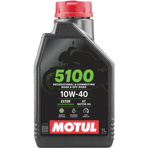 Motor oil bottle labeled Motul 5100 10W40 4T 1Lt, a 1-liter container of MOTUL motorcycle engine oil.